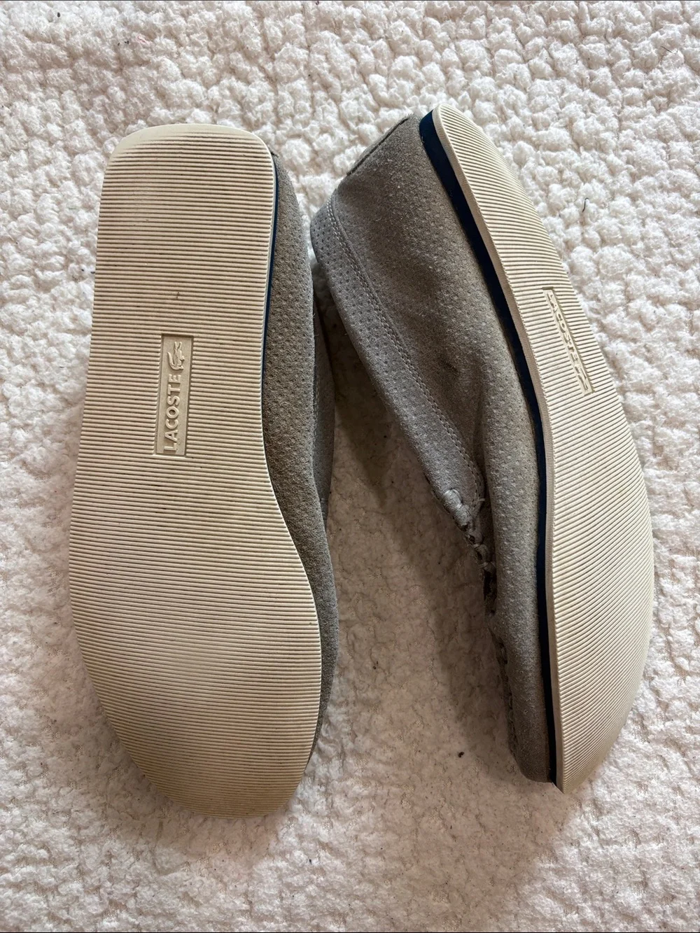 Lacoste Men's Light Gray Suede Penny Loafers with Maroon Trim